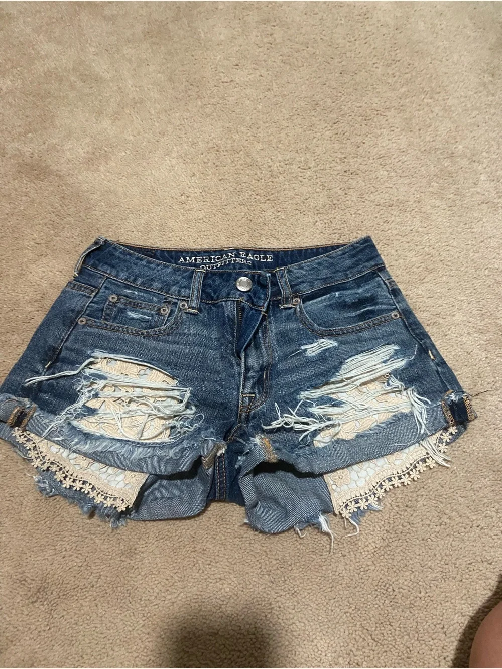 American Eagle Outfitters Dark Blue Distressed Denim Lace-Trim Shorts